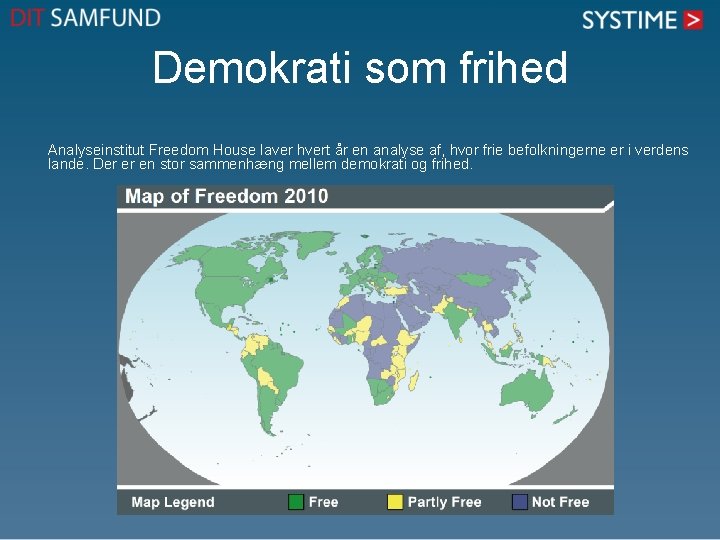 Demokrati som frihed Analyseinstitut Freedom House laver hvert år en analyse af, hvor frie