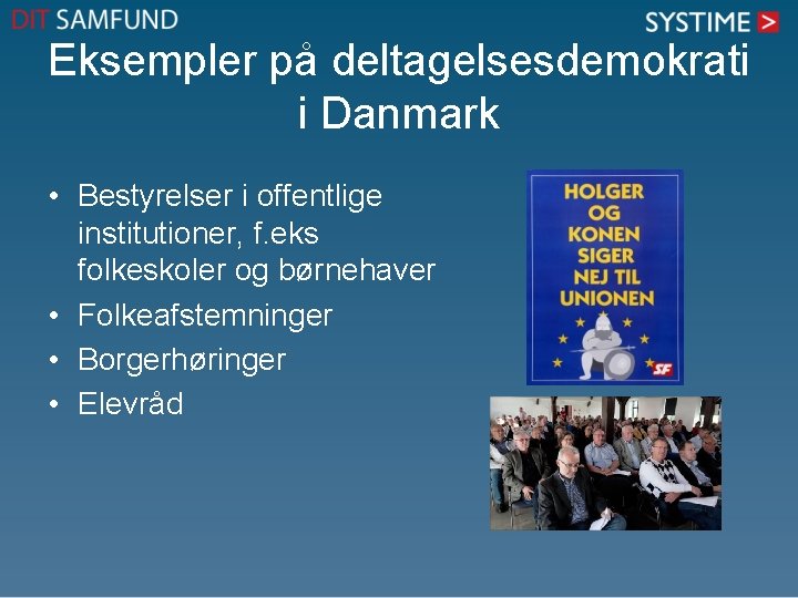 Eksempler på deltagelsesdemokrati i Danmark • Bestyrelser i offentlige institutioner, f. eks folkeskoler og