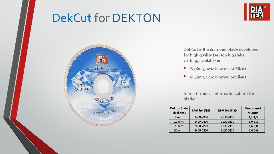Dek. Cut for DEKTON Dek. Cut is the diamond blade developed for high quality