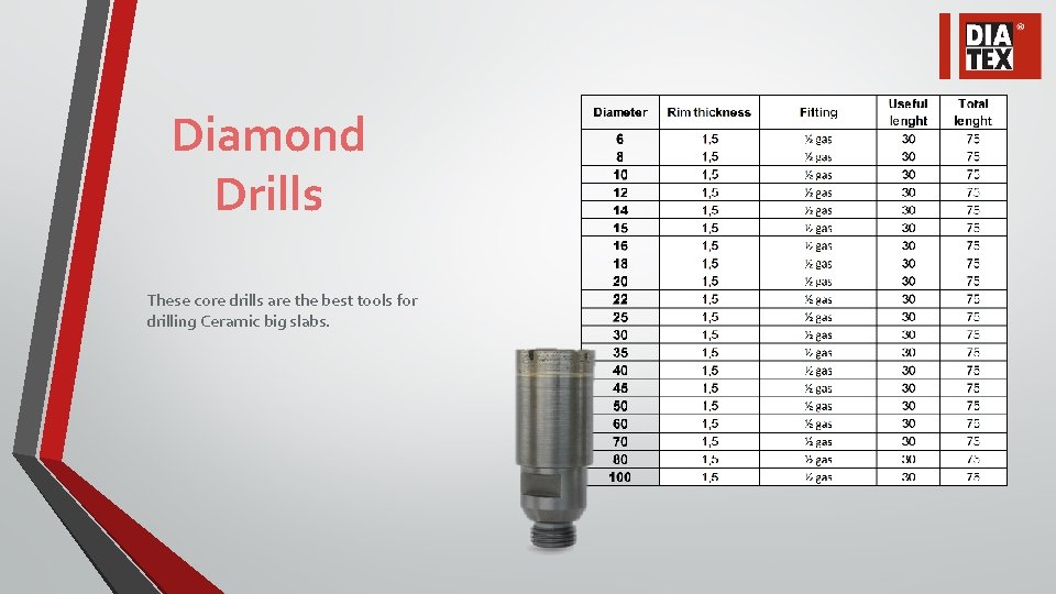 Diamond Drills These core drills are the best tools for drilling Ceramic big slabs.