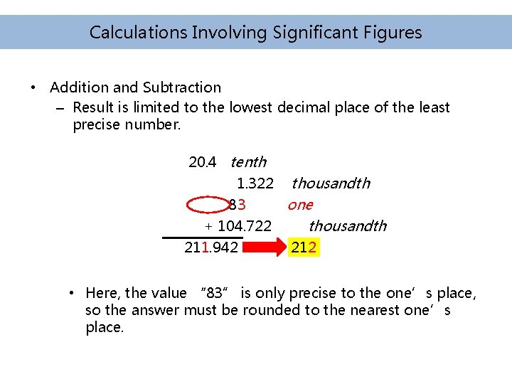 Calculations Involving Significant Figures • Addition and Subtraction – Result is limited to the Calculations Involving Significant Figures • Addition and Subtraction – Result is limited to the