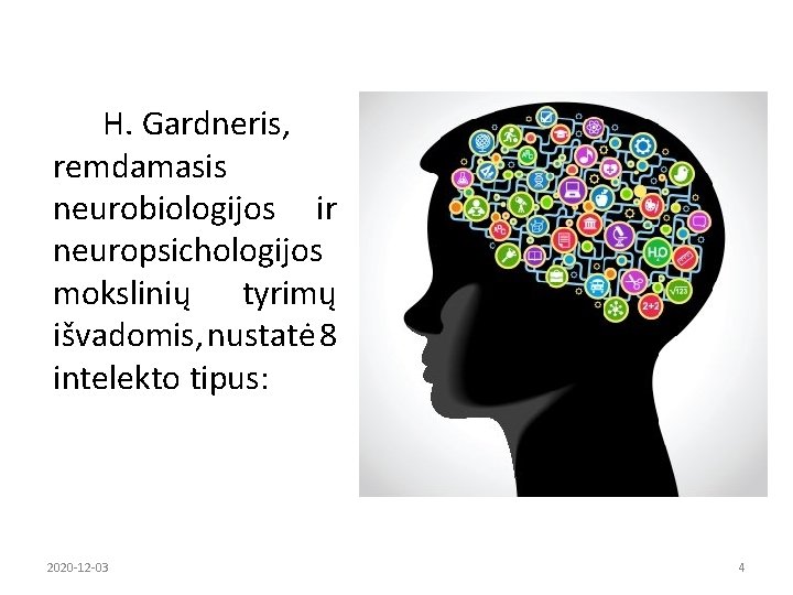 H. Gardneris, remdamasis neurobiologijos ir neuropsichologijos mokslinių tyrimų išvadomis, nustatė 8 intelekto tipus: 2020