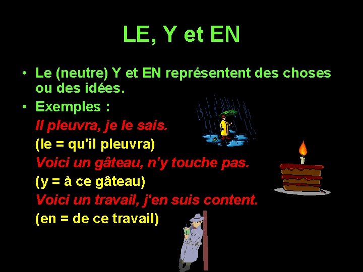 LE, Y et EN • Le (neutre) Y et EN représentent des choses ou