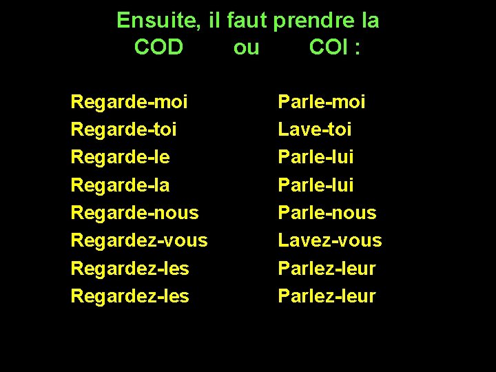 Ensuite, il faut prendre la COD ou COI : Regarde-moi Regarde-toi Regarde-le Regarde-la Regarde-nous