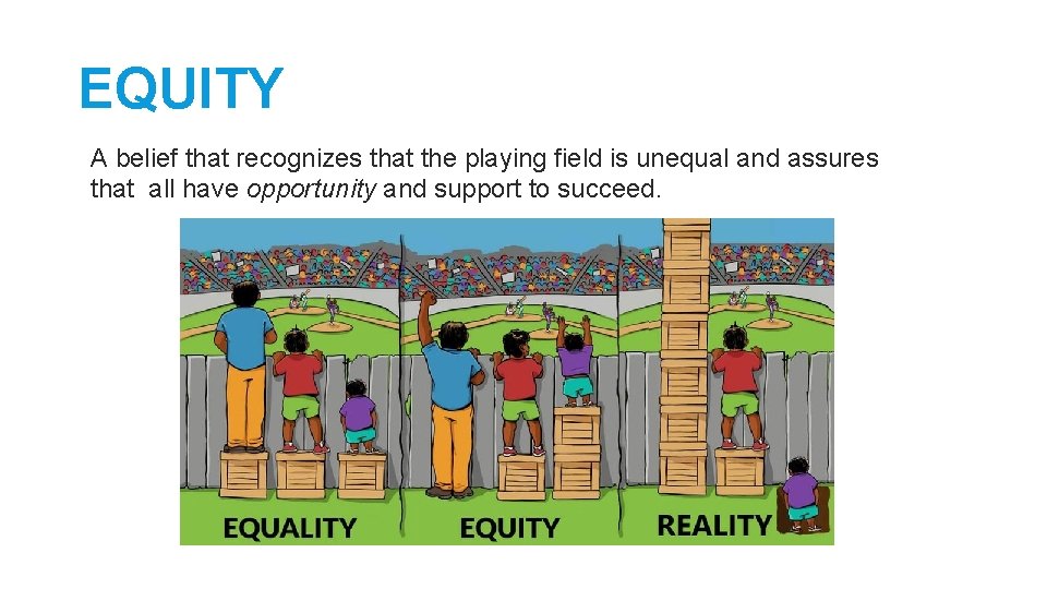 EQUITY A belief that recognizes that the playing field is unequal and assures that