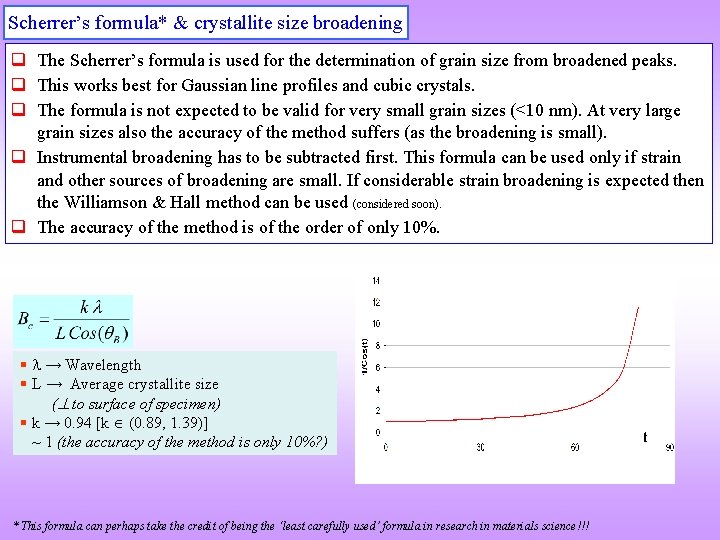 Scherrer’s formula* & crystallite size broadening q The Scherrer’s formula is used for the