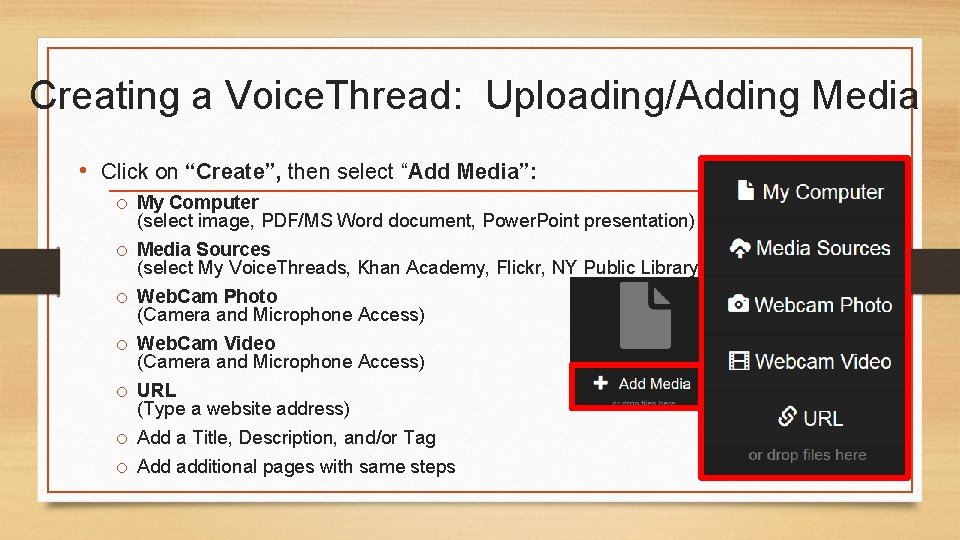 Creating a Voice. Thread: Uploading/Adding Media • Click on “Create”, then select “Add Media”: