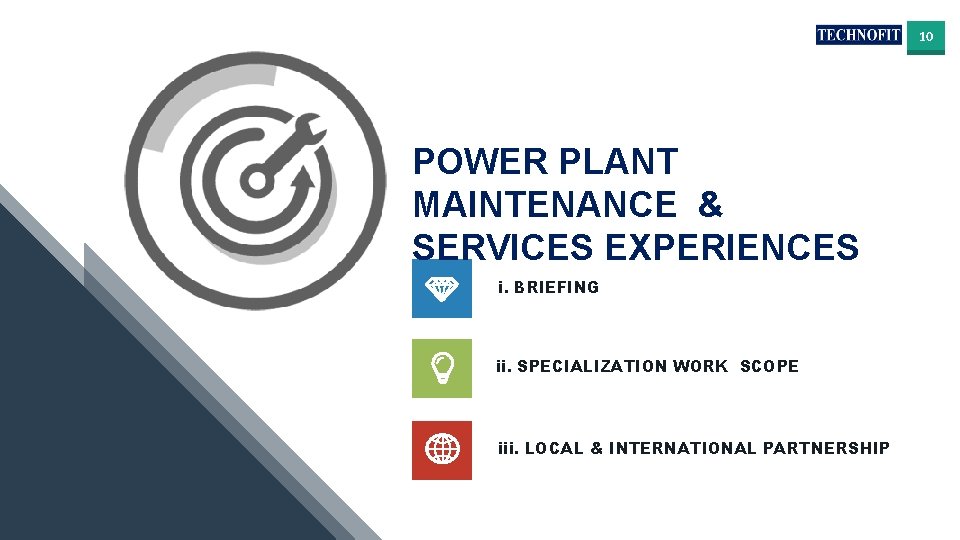 10 POWER PLANT MAINTENANCE & SERVICES EXPERIENCES i. BRIEFING ii. SPECIALIZATION WORK SCOPE iii.