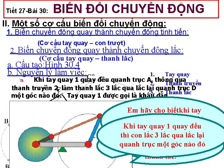 Tiết 27 -Bài 30: BIẾN ĐỔI CHUYỂN ĐỘNG II. Một số cơ cấu biến