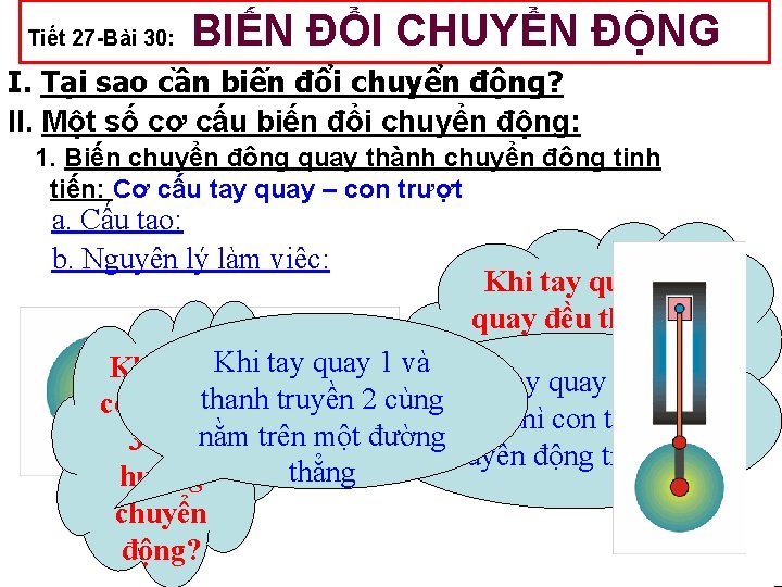 Tiết 27 -Bài 30: BIẾN ĐỔI CHUYỂN ĐỘNG I. Tại sao cần biến đổi