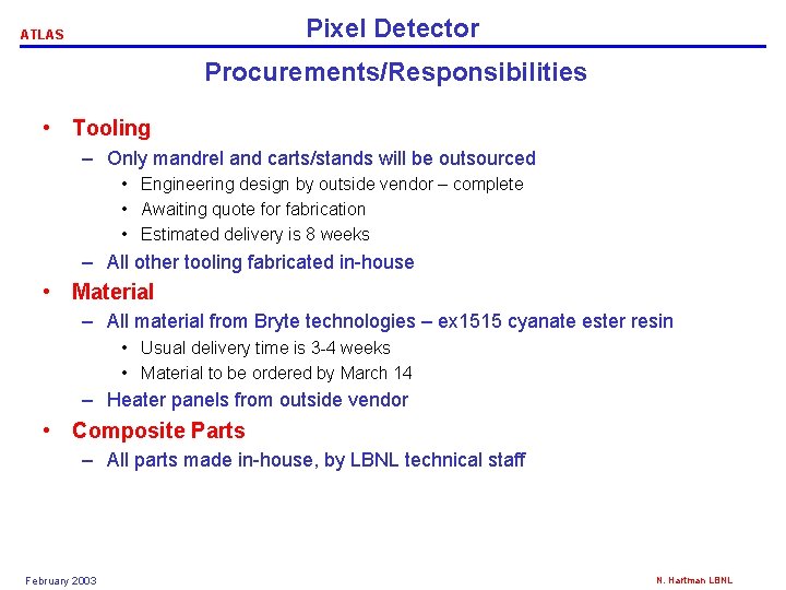 Pixel Detector ATLAS Procurements/Responsibilities • Tooling – Only mandrel and carts/stands will be outsourced