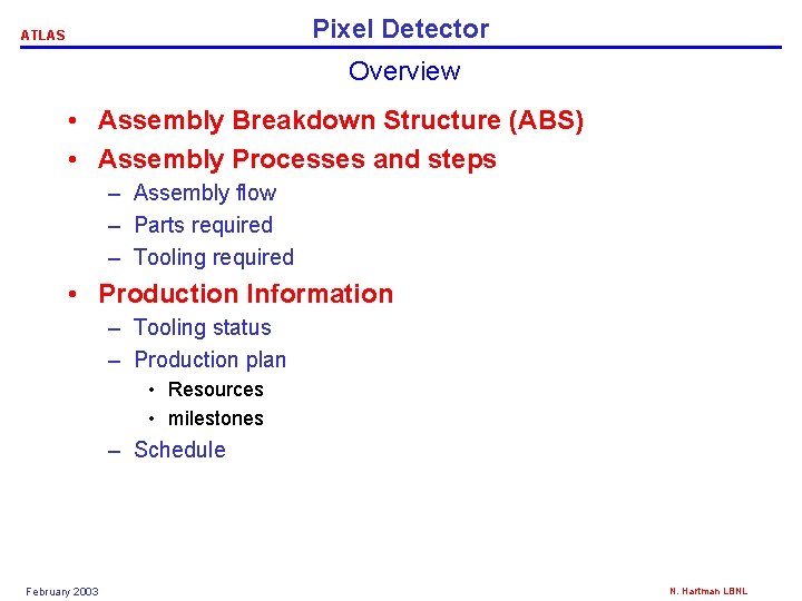 Pixel Detector ATLAS Overview • Assembly Breakdown Structure (ABS) • Assembly Processes and steps