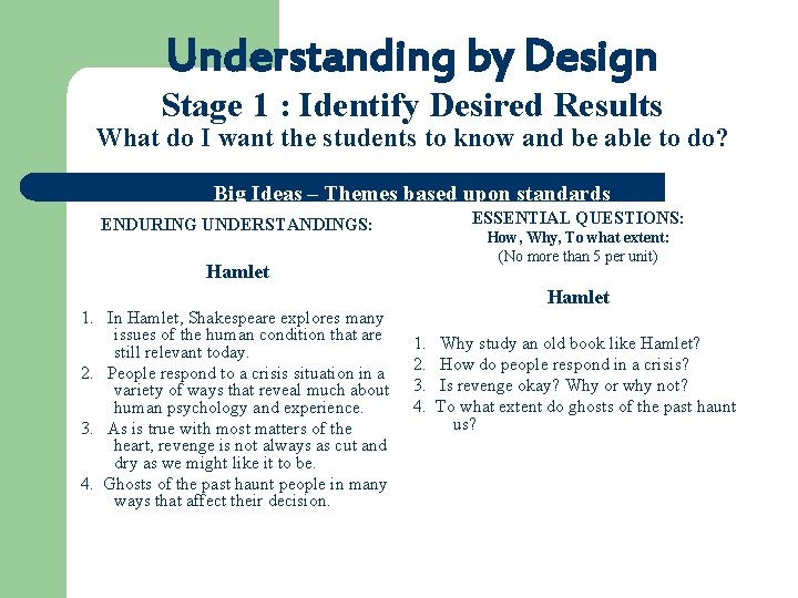 Understanding by Design Stage 1 : Identify Desired Results What do I want the
