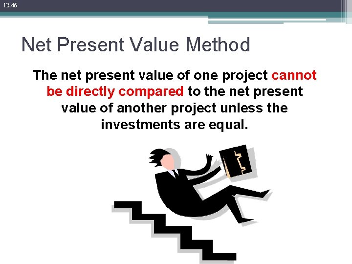 12 -46 Net Present Value Method The net present value of one project cannot