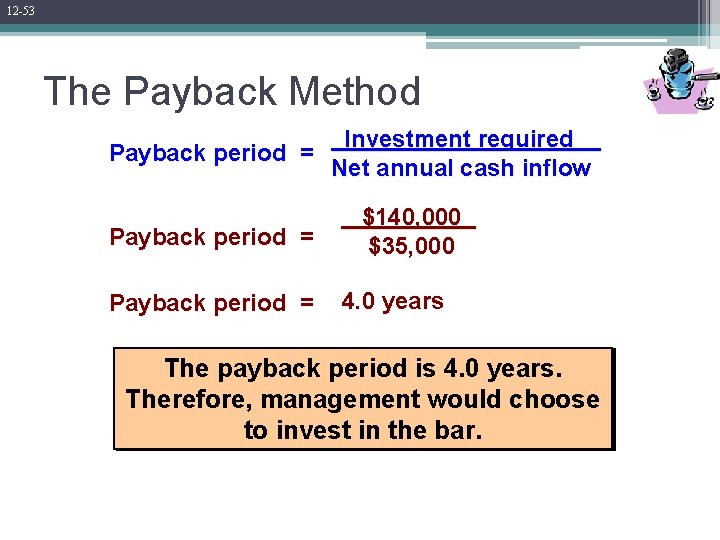 12 -53 The Payback Method Investment required Payback period = Net annual cash inflow