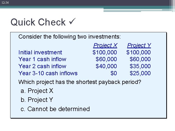 12 -54 Quick Check Consider the following two investments: Project X Project Y Initial