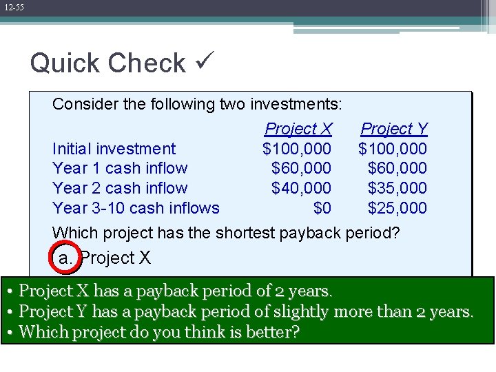 12 -55 Quick Check Consider the following two investments: Project X Project Y Initial