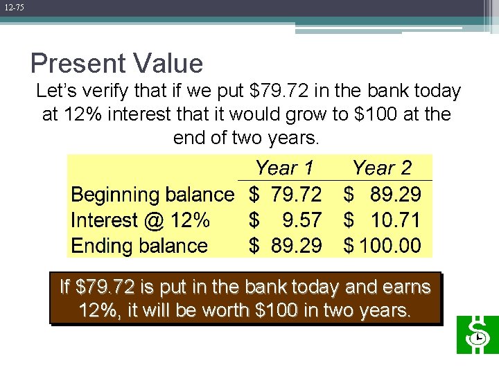 12 -75 Present Value Let’s verify that if we put $79. 72 in the
