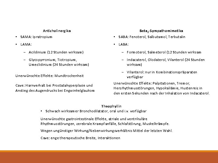 Anticholinergika Beta 2 -Sympathomimetika • SAMA: Ipratropium • SABA: Fenoterol, Salbutamol, Terbutalin • LAMA: