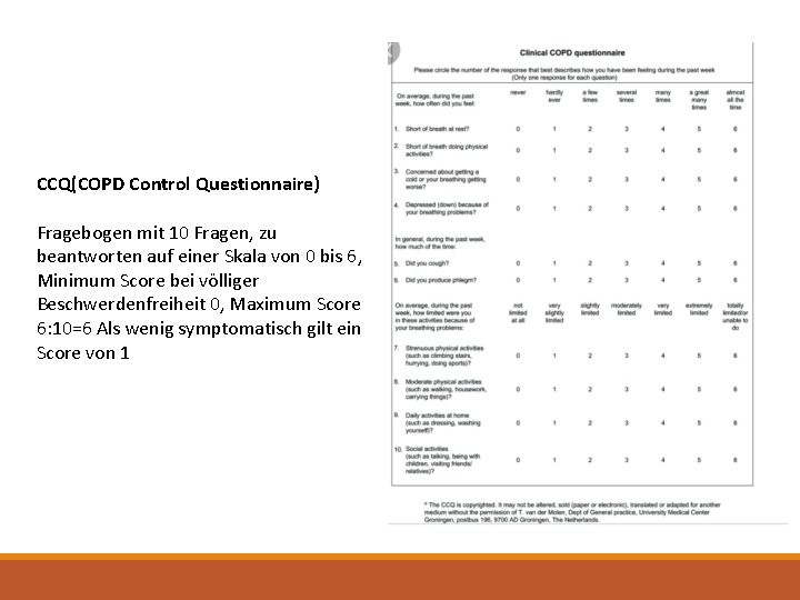 CCQ(COPD Control Questionnaire) Fragebogen mit 10 Fragen, zu beantworten auf einer Skala von 0