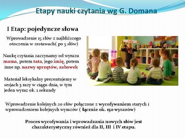 Etapy nauki czytania wg G. Domana I Etap: pojedyncze słowa Wprowadzenie 15 słów z