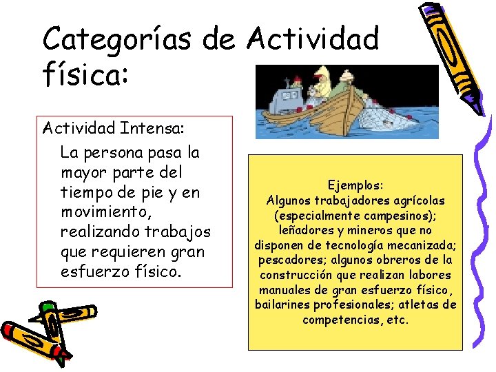 Categorías de Actividad física: Actividad Intensa: La persona pasa la mayor parte del tiempo