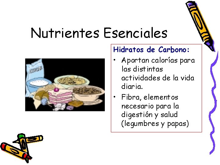 Nutrientes Esenciales Hidratos de Carbono: • Aportan calorías para las distintas actividades de la