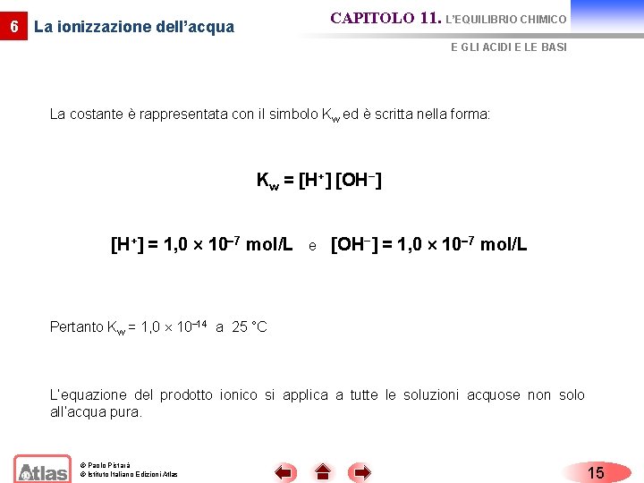 CAPITOLO 11. L’EQUILIBRIO CHIMICO 6 La ionizzazione dell’acqua E GLI ACIDI E LE BASI