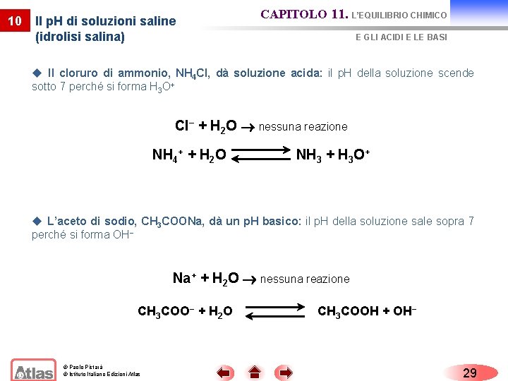 10 Il p. H di soluzioni saline (idrolisi salina) CAPITOLO 11. L’EQUILIBRIO CHIMICO E