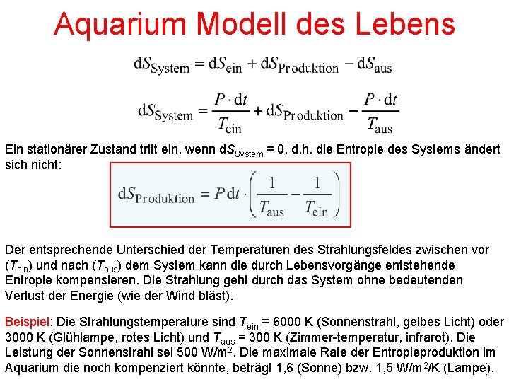 Aquarium Modell des Lebens Ein stationärer Zustand tritt ein, wenn d. SSystem = 0,