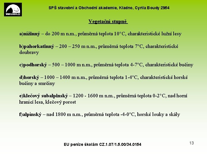 SPŠ stavební a Obchodní akademie, Kladno, Cyrila Boudy 2954 Vegetační stupně a)nížinný – do SPŠ stavební a Obchodní akademie, Kladno, Cyrila Boudy 2954 Vegetační stupně a)nížinný – do