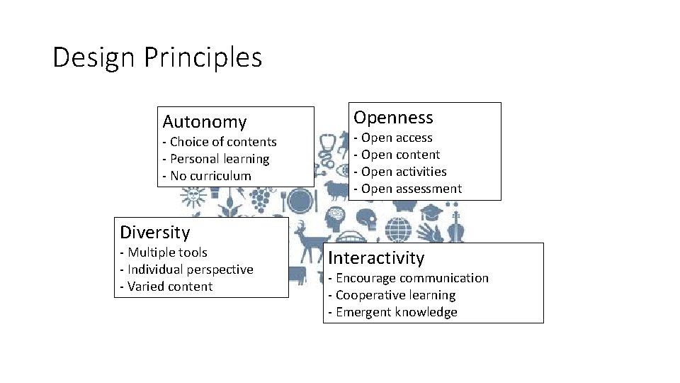 Design Principles Autonomy - Choice of contents - Personal learning - No curriculum Openness