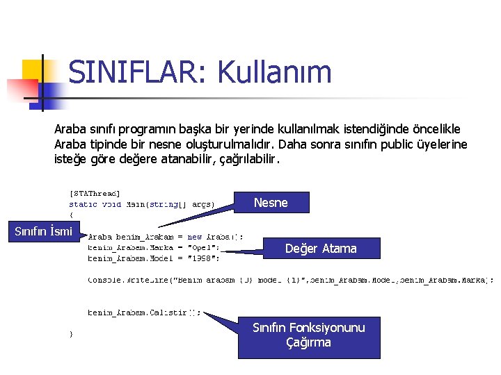 SINIFLAR: Kullanım Araba sınıfı programın başka bir yerinde kullanılmak istendiğinde öncelikle Araba tipinde bir