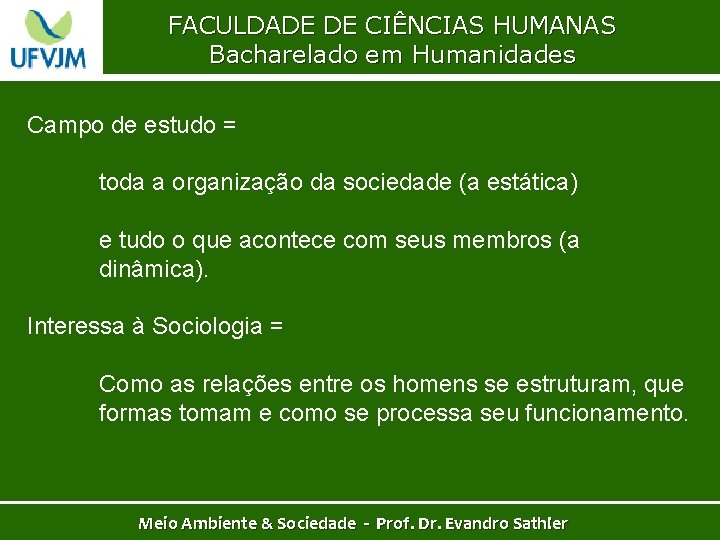 FACULDADE DE CIÊNCIAS HUMANAS Bacharelado em Humanidades Campo de estudo = toda a organização