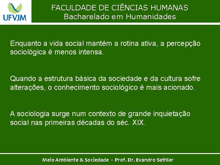 FACULDADE DE CIÊNCIAS HUMANAS Bacharelado em Humanidades Enquanto a vida social mantém a rotina