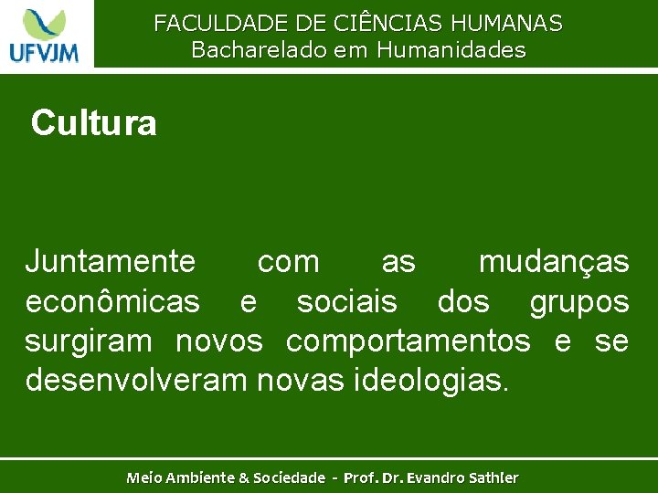 FACULDADE DE CIÊNCIAS HUMANAS Bacharelado em Humanidades Cultura Juntamente com as mudanças econômicas e