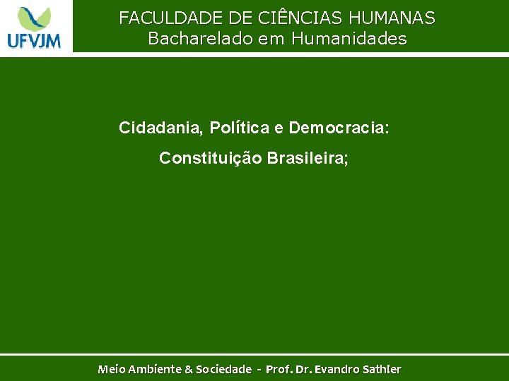 FACULDADE DE CIÊNCIAS HUMANAS Bacharelado em Humanidades Cidadania, Política e Democracia: Constituição Brasileira; Meio