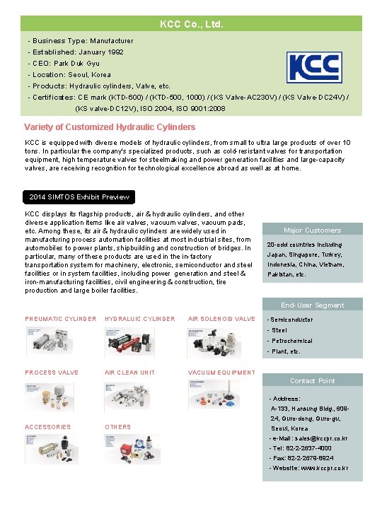 KCC Co. , Ltd. - Business Type: Manufacturer - Established: January 1992 - CEO: