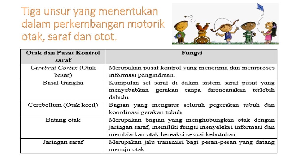 Tiga unsur yang menentukan dalam perkembangan motorik otak, saraf dan otot. Tiga unsur yang menentukan dalam perkembangan motorik otak, saraf dan otot.
