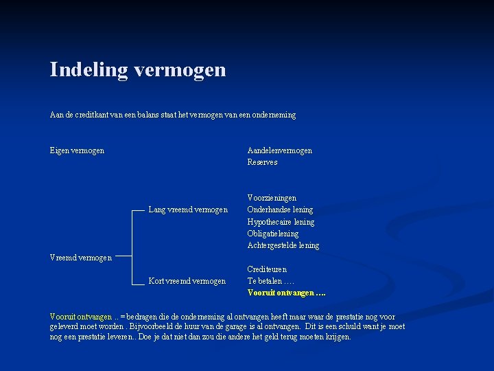 Indeling vermogen Aan de creditkant van een balans staat het vermogen van een onderneming