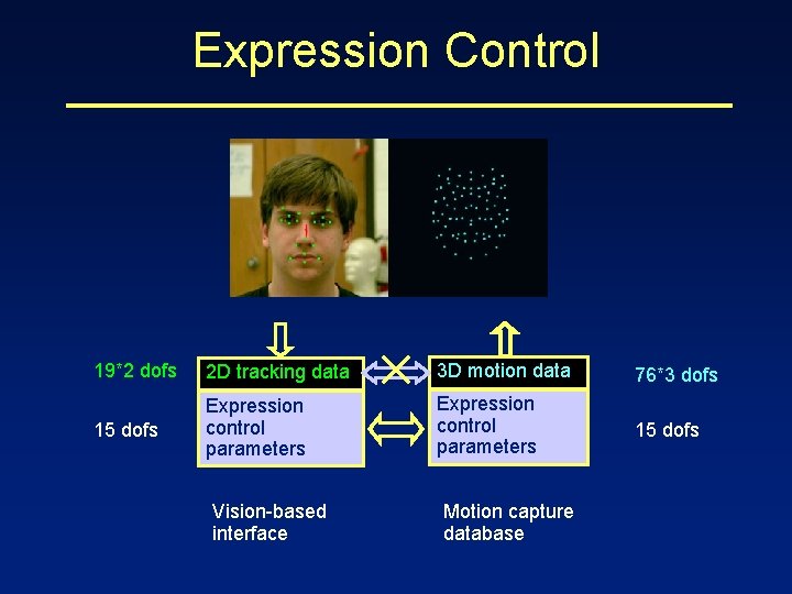 Expression Control 19*2 dofs 2 D tracking data 3 D motion data 76*3 dofs