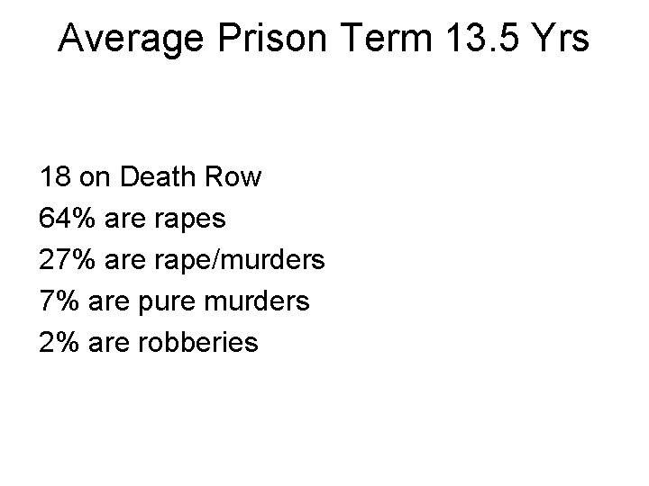 Average Prison Term 13. 5 Yrs 18 on Death Row 64% are rapes 27%