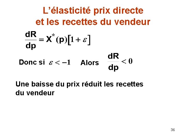 L’élasticité prix directe et les recettes du vendeur Donc si Alors Une baisse du