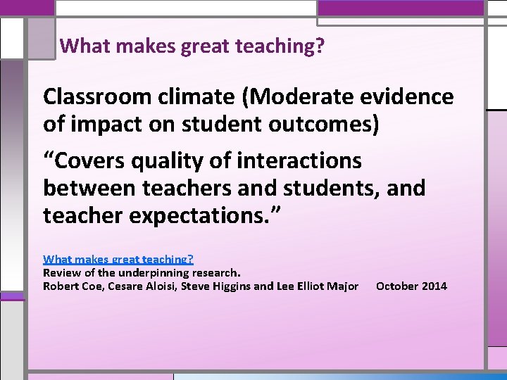 What makes great teaching? Classroom climate (Moderate evidence of impact on student outcomes) “Covers