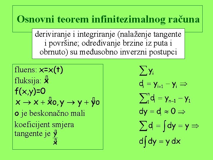 Osnovni teorem infinitezimalnog računa deriviranje i integriranje (nalaženje tangente i površine; određivanje brzine iz