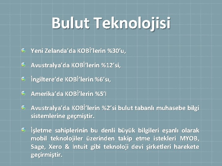 Bulut Teknolojisi Yeni Zelanda’da KOBİ’lerin %30’u, Avustralya’da KOBİ’lerin %12’si, İngiltere’de KOBİ’lerin %6’sı, Amerika’da KOBİ’lerin