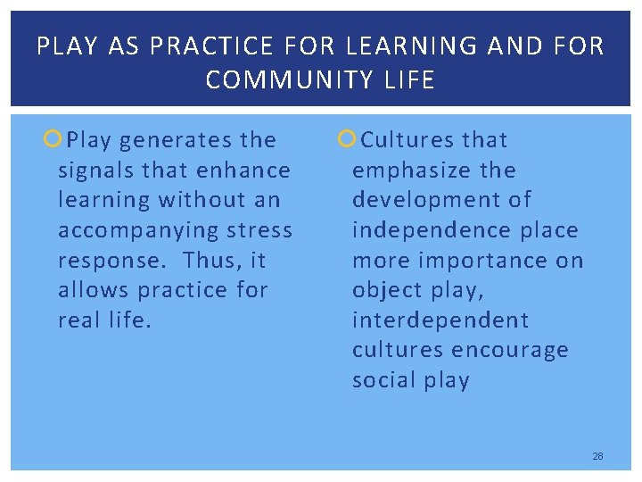 PLAY AS PRACTICE FOR LEARNING AND FOR COMMUNITY LIFE Play generates the signals that