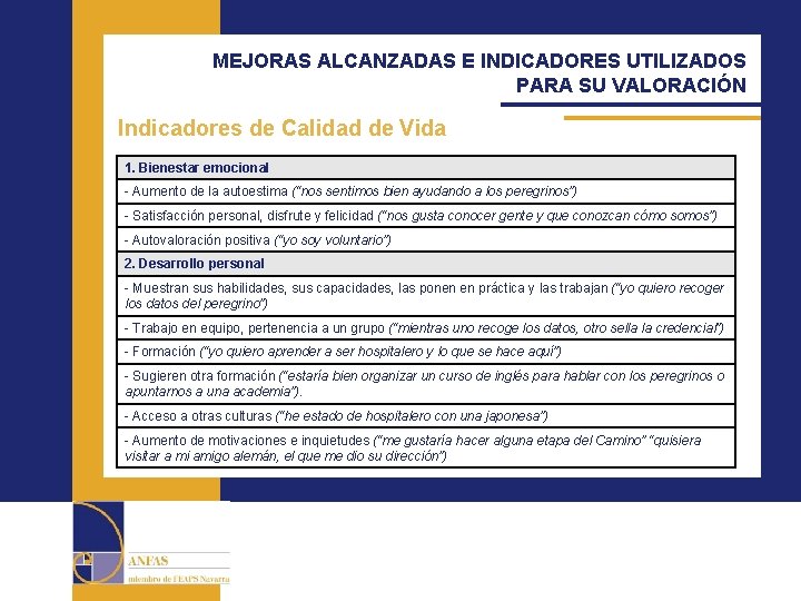 MEJORAS ALCANZADAS E INDICADORES UTILIZADOS PARA SU VALORACIÓN Indicadores de Calidad de Vida 1.