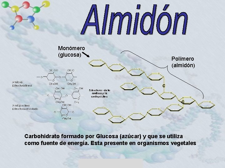 Monómero (glucosa) Polímero (almidón) Carbohidrato formado por Glucosa (azúcar) y que se utiliza como