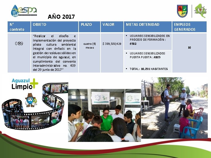 AÑO 2017 N° contrato 089 OBJETO “Realizar el diseño e implementación del proyecto piloto